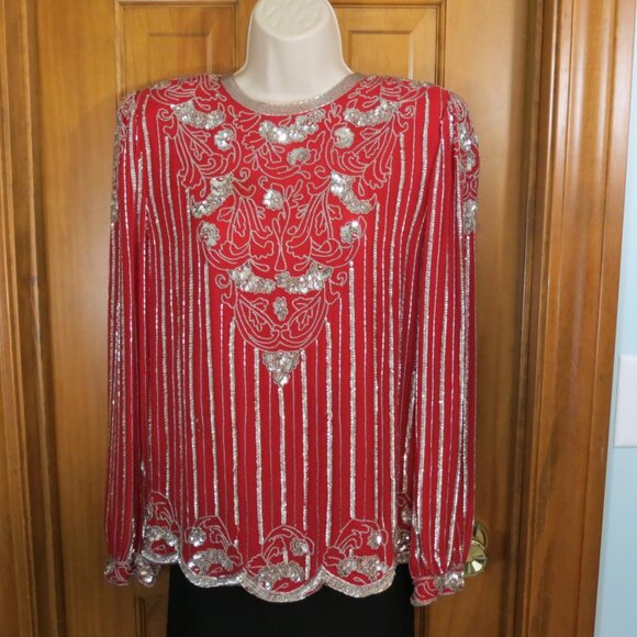 VTG Neiman Marcus Red Top Silver Sequins & Beading Silk Size Med Flaw - Picture 8 of 11